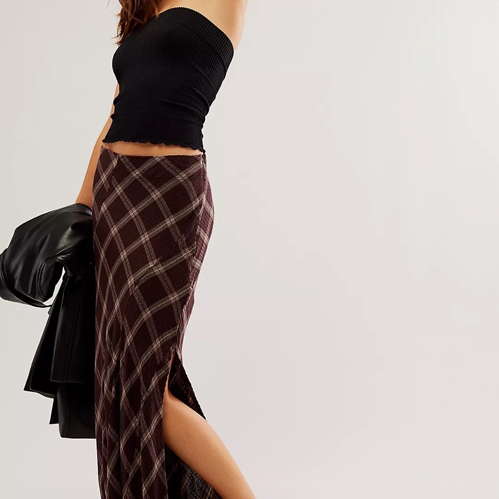 Free People Vintage Crush Plaid Maxi Skirt with Side Slit